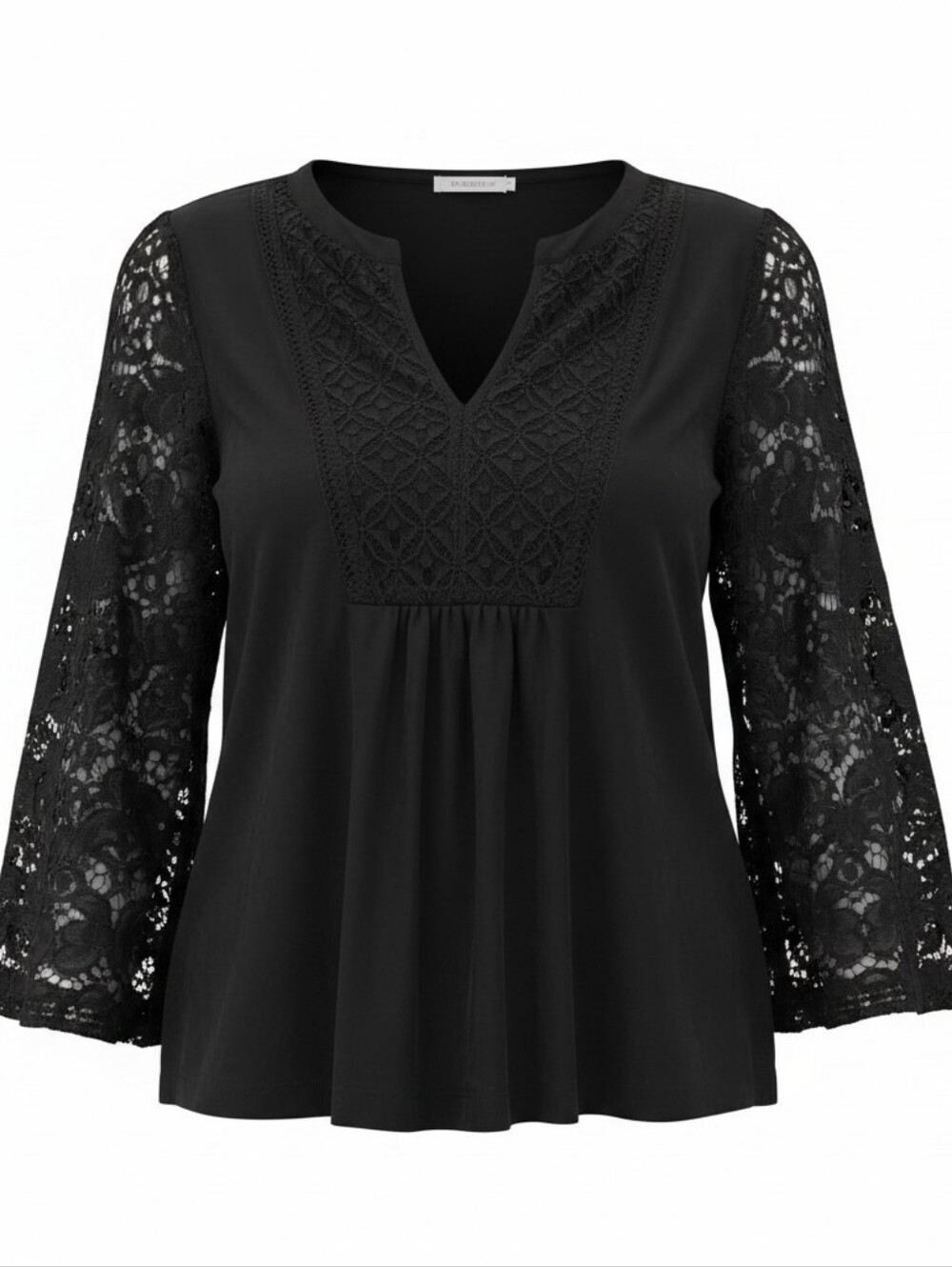 FIG & FLOWER | Black Crochet Lace Whimsigoth Bell Sleeve V-Neck Blouse | XL